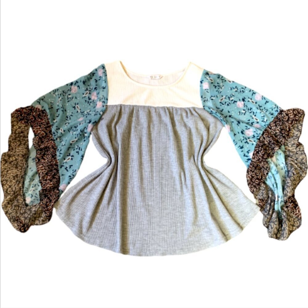 BOHO Mixed Media Kimono Sleeve Waffle Knit & Chiffon Tunic Top XL #14J